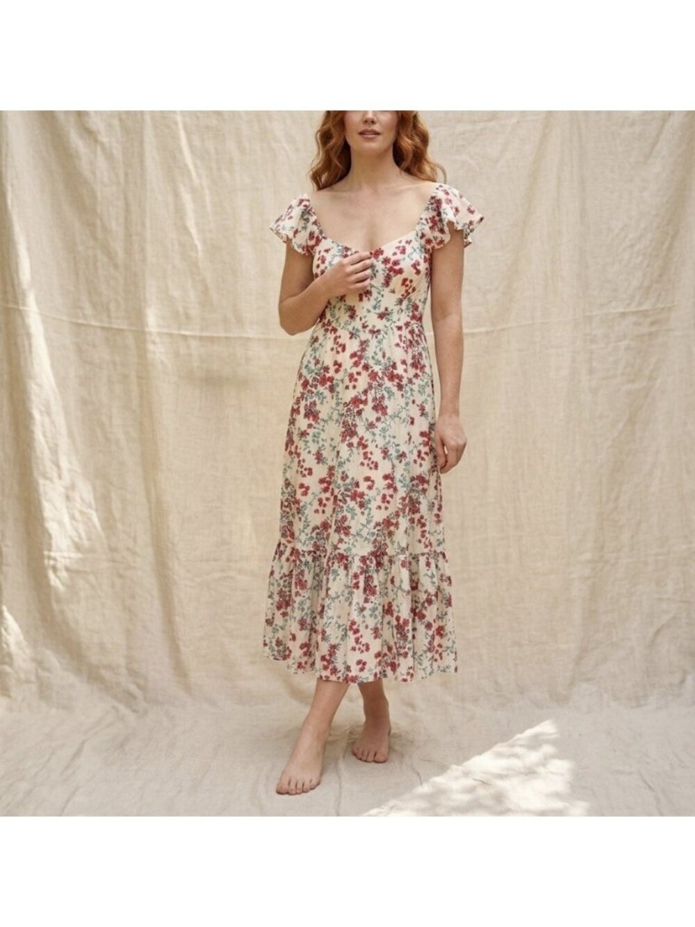 Milkmaid Floral Midi Cream Dress Size XS Better Together Peasant Romantic Boho